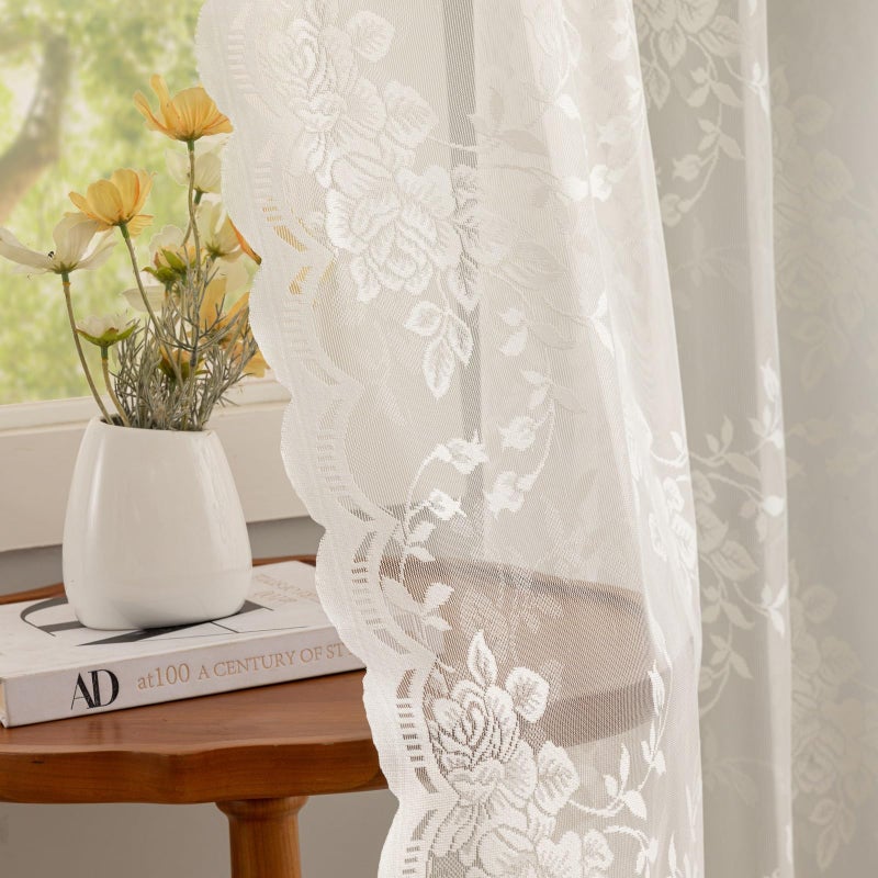 YJ YANJUN Ivory Lace Curtains 84 inches Long Vintage Victorian Floral Sheer Drapes for Dining Living Room Bedroom, 2 Panels Light Filtering Romantic Cottage Farmhouse Decor W52 X L84 Cream - Image 1