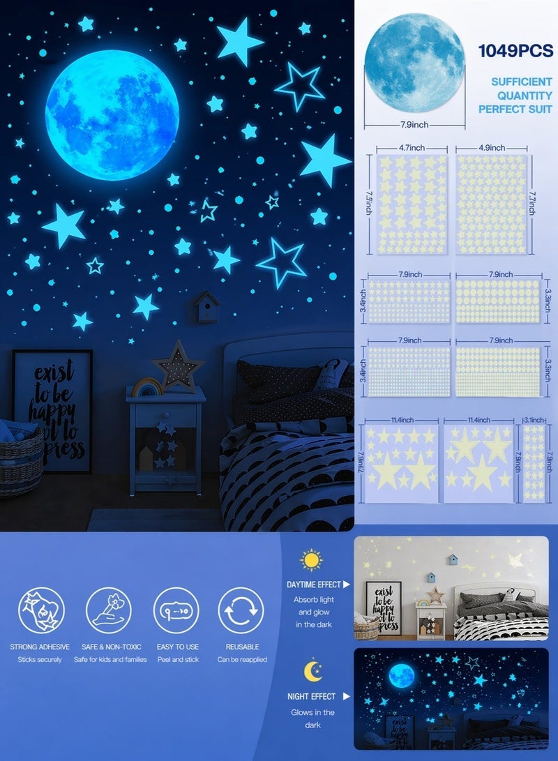 1049-Piece Glow in The Dark Wall Decals for Kids Room，Wall Stickers Inculding Moon and Stars Decor - Image 2