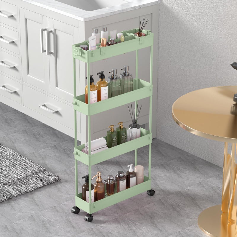 SPACELEAD Slim Storage Cart 4 TierBathroom Organizer Rolling UtilityMobile Shelving Unit Slide Out for Office Kitchen Laundry Room Narrow PlacesGreen