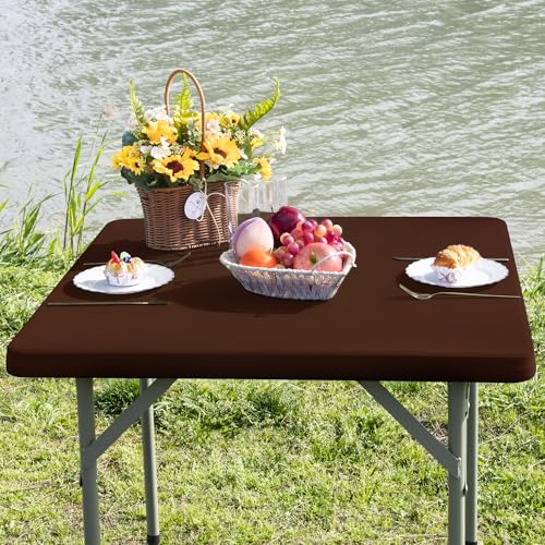 Nacuci Square Fitted Table Cover Elastic Tablecloth Stretch Spandex Table Top Cover Table Topper Cap for Dining Kitchen Home Party Brown 36X36 Inch - Image 2
