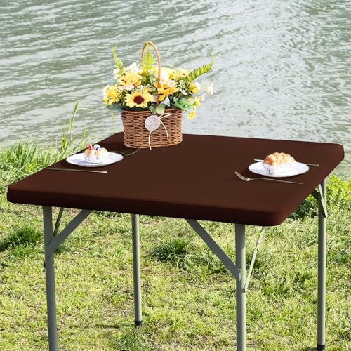 Nacuci Square Fitted Table Cover Elastic Tablecloth Stretch Spandex Table Top Cover Table Topper Cap for Dining Kitchen Home Party Brown 36X36 Inch - Image 1