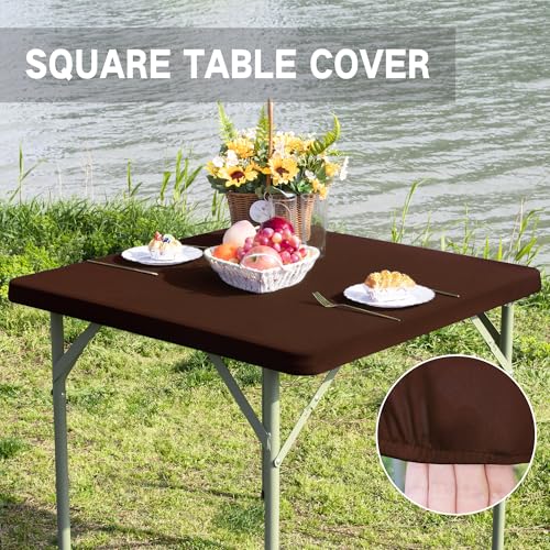 Nacuci Square Fitted Table Cover Elastic Tablecloth Stretch Spandex Table Top Cover Table Topper Cap for Dining Kitchen Home Party Brown 36X36 Inch - Image 3