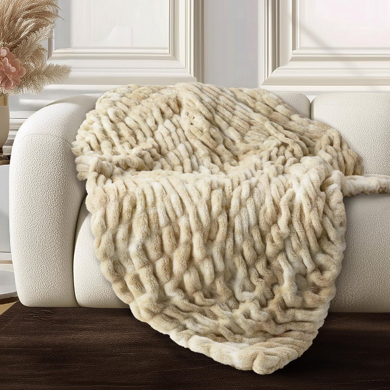blunique Ultra Soft Cozy Faux Fur Throw Blanket, Fuzzy Plush Thick Bubble Blanket, Oversize Luxury Fluffy Blanket for Couch, Sofa, Bedroom, and Living Room,50x60 Inches,Double Sided Tie-Dye Camel - Image 1