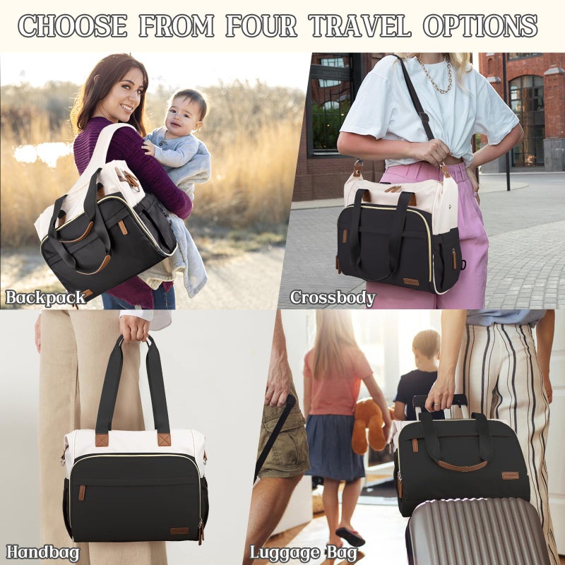 Pripher 4 in 1 Diaper Bag Backpack, Diaper Bag Backpack for Mom Dad, Travel Diaper Bag Converts into Backpack with Shoulder Strap, Mom Bag for Hospital with 14 Pockets, Large Capacity Baby Bag Black&Beige - Image 2