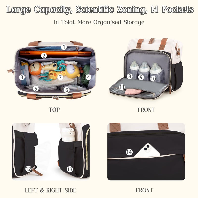 Pripher 4 in 1 Diaper Bag Backpack, Diaper Bag Backpack for Mom Dad, Travel Diaper Bag Converts into Backpack with Shoulder Strap, Mom Bag for Hospital with 14 Pockets, Large Capacity Baby Bag Black&Beige - Image 4