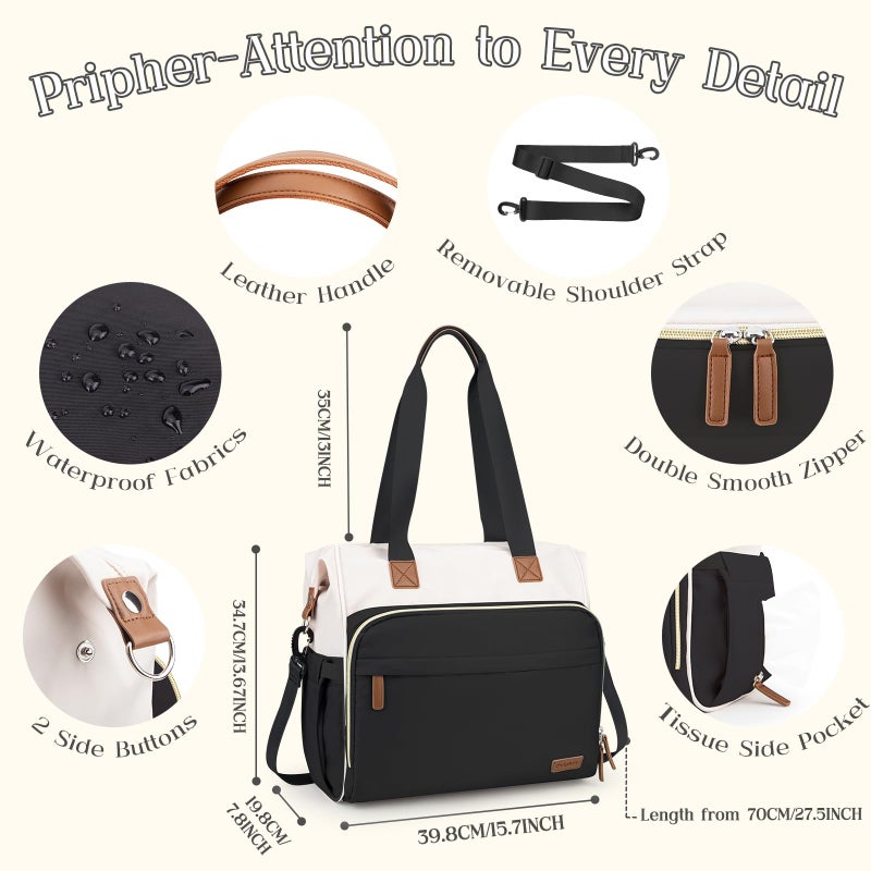 Pripher 4 in 1 Diaper Bag Backpack, Diaper Bag Backpack for Mom Dad, Travel Diaper Bag Converts into Backpack with Shoulder Strap, Mom Bag for Hospital with 14 Pockets, Large Capacity Baby Bag Black&Beige - Image 3