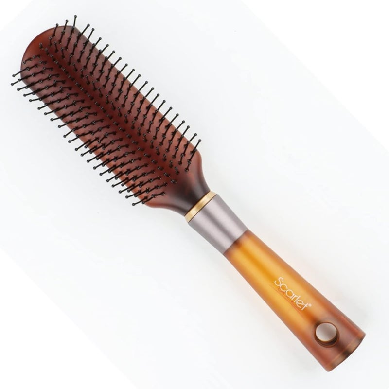 Scarlet Line Professional 9 Row Medium Flat Hair Brush For Styling with Anti Slip Handle n Ball Tip Nylon Bristles for Women n MenBrown Color - Image 1
