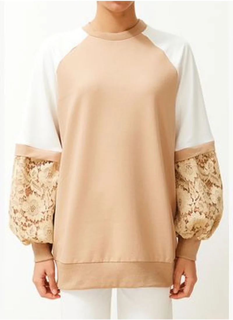 trendyol Beige Sleeve Lace Detail Regular Knitted Sweatshirt