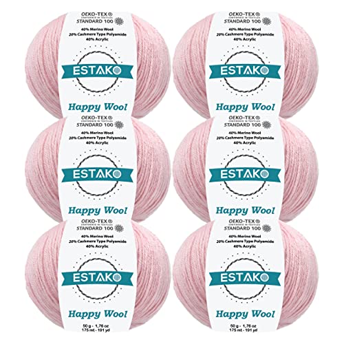 Estako Happy Wool 6 Skeins Pack 40 Merino Wool 20 Cashmere Type Polyamide 40 Acyrlic Fingering Weight Soft Knitting and Crochet Yarn 6 x 176 oz 6 x 191 yds 8036 Baby Pink - Image 1
