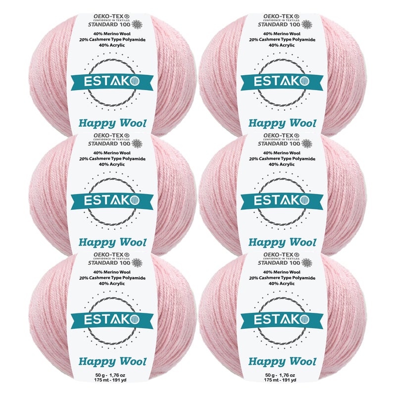 Estako Happy Wool 6 Skeins Pack 40 Merino Wool 20 Cashmere Type Polyamide 40 Acyrlic Fingering Weight Soft Knitting and Crochet Yarn 6 x 176 oz 6 x 191 yds 8036 Baby Pink - Image 2