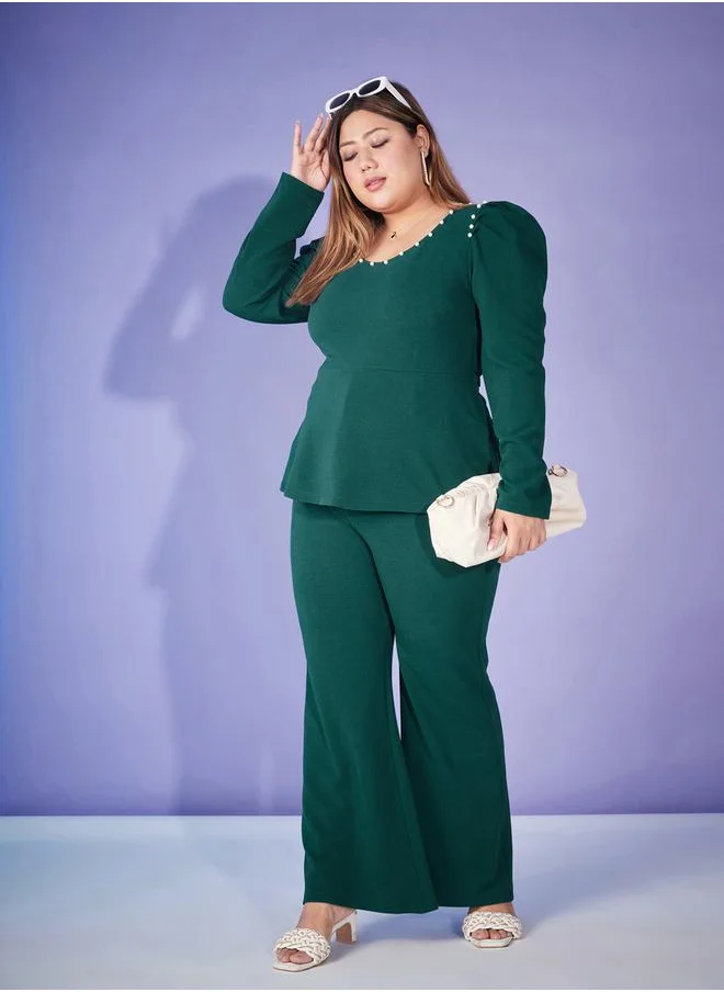 ساسافراس Embellished Peplum Top & Bell Bottom Pants Co-Ords by Styli