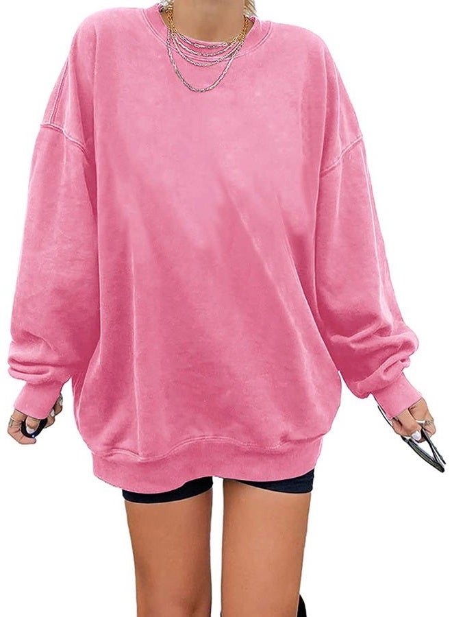 Ebifin Women's Oversized Long Sleeve Sweatshirts Pure Color Round Neck Casual Pullover Shirt, Pink, XL - Image 1