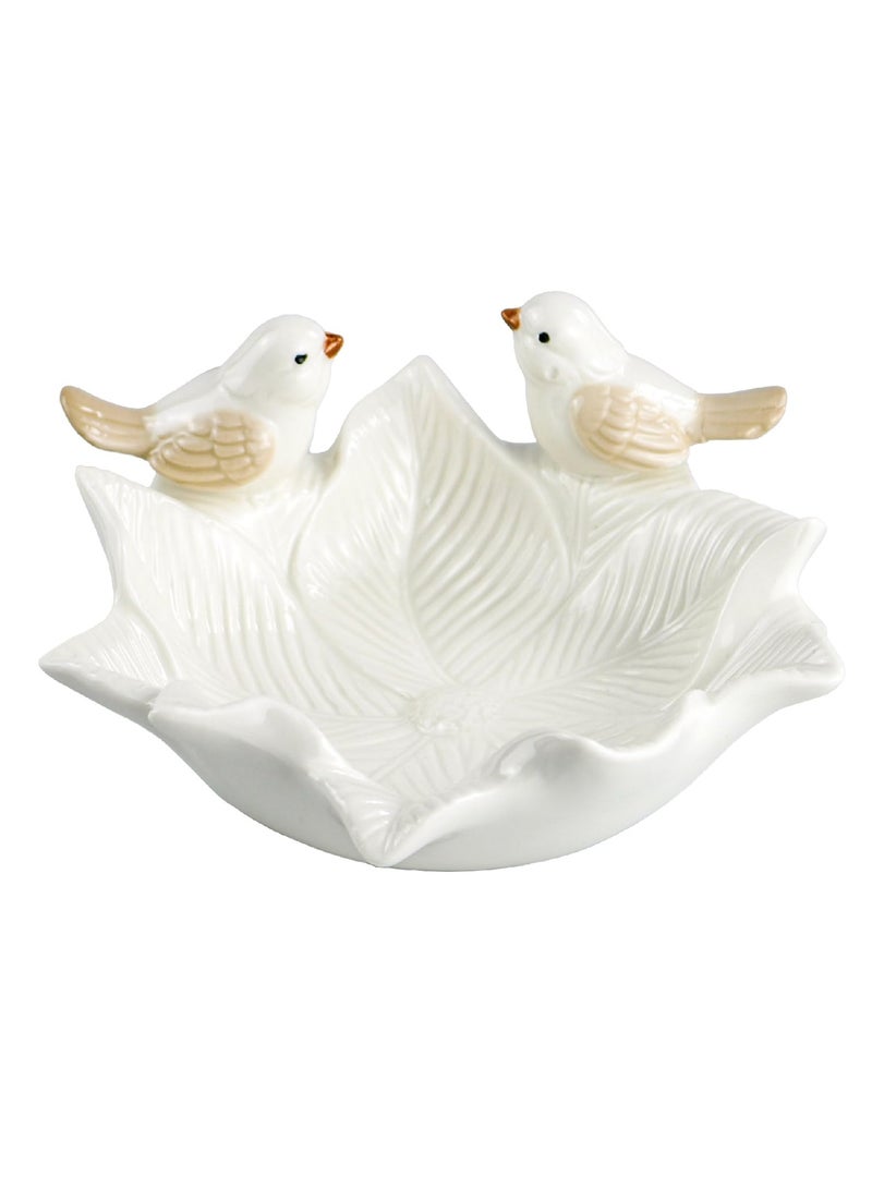 BenQuand 5.8 Inch White Porcelain Jewelry Tray, Jewelry Holder Decor Dish Plate, Necklace Earrings Rings Stand Display Organizer Holder,Floral Shaped Ring Dish with Cute Birdies  - Image 1