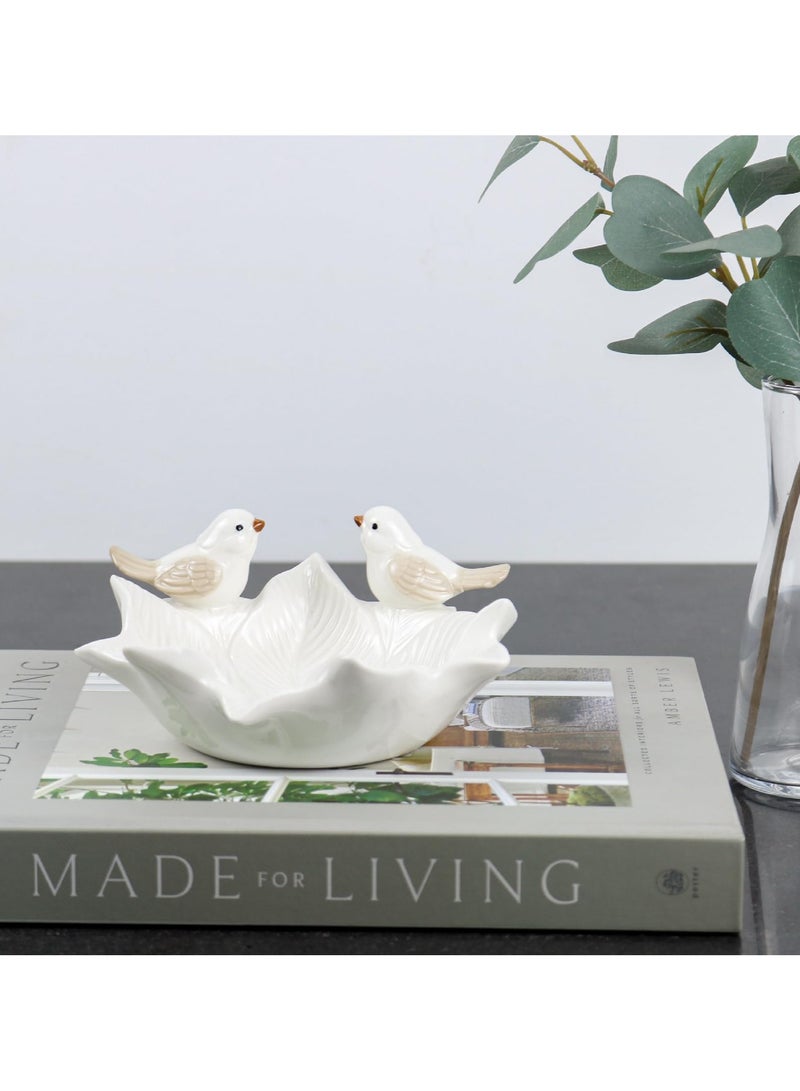 BenQuand 5.8 Inch White Porcelain Jewelry Tray, Jewelry Holder Decor Dish Plate, Necklace Earrings Rings Stand Display Organizer Holder,Floral Shaped Ring Dish with Cute Birdies  - Image 2