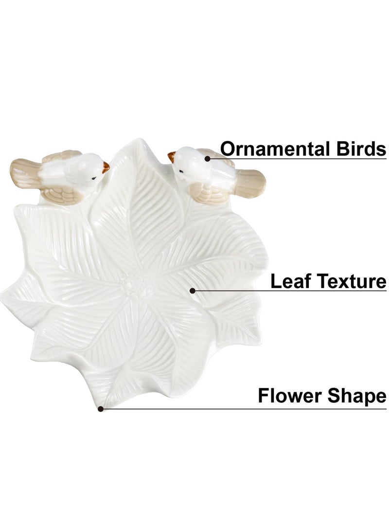 BenQuand 5.8 Inch White Porcelain Jewelry Tray, Jewelry Holder Decor Dish Plate, Necklace Earrings Rings Stand Display Organizer Holder,Floral Shaped Ring Dish with Cute Birdies  - Image 3