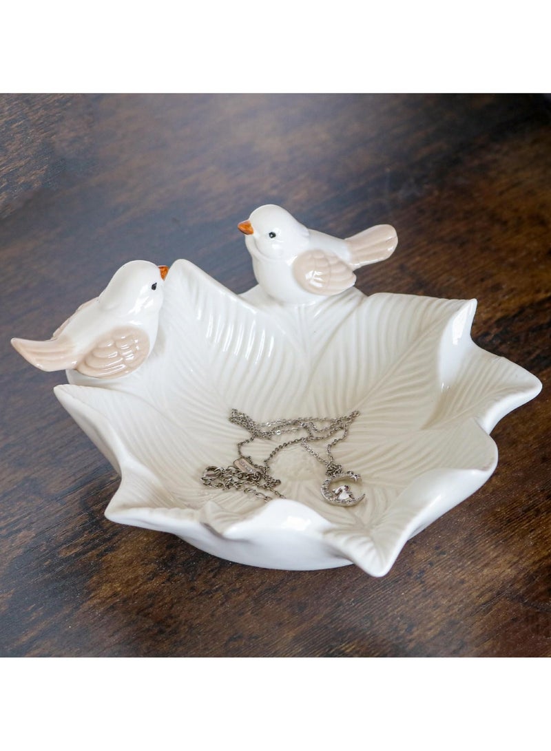 BenQuand 5.8 Inch White Porcelain Jewelry Tray, Jewelry Holder Decor Dish Plate, Necklace Earrings Rings Stand Display Organizer Holder,Floral Shaped Ring Dish with Cute Birdies  - Image 5