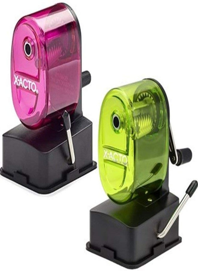 X-Acto 2012687 Bulldog Vacuum Wall Mount Manual Pencil Sharpener, Assorted Colors (2 Pack), See-through Receptacle, Affix to Any Nonporous Surface, X-ACTO Hardened Helical Cutter - Image 1