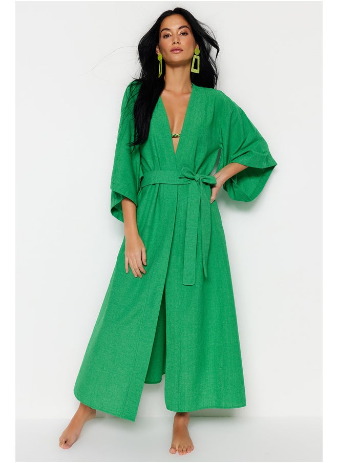 trendyol - Green Belted Maxi Woven Linen Look Kimono & Kaftan TBESS23KM00058 - Image 1