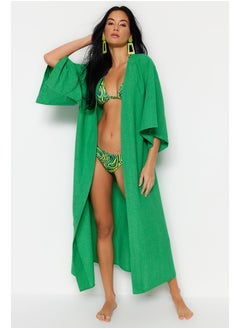 Green Belted Maxi Woven Linen Look Kimono & Kaftan TBESS23KM00058