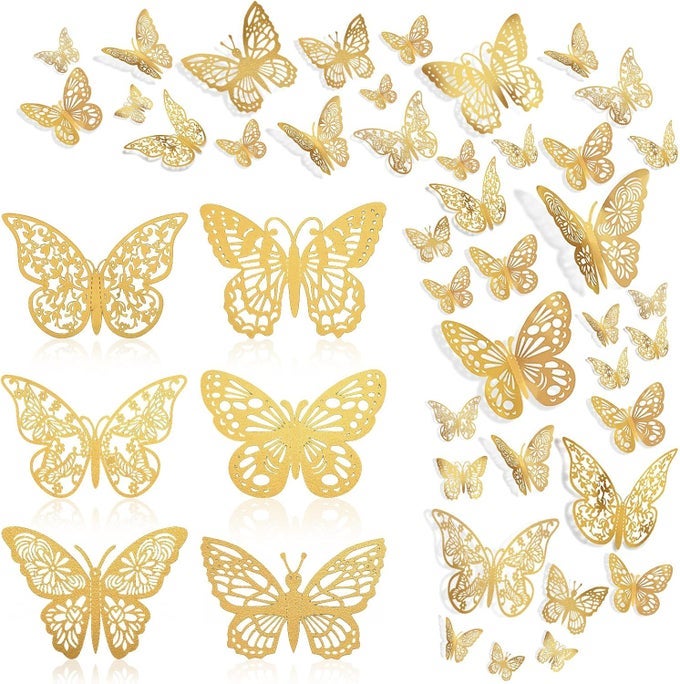 144 PCS GOLD BUTTERFLY WALL DECOR BUTTERFLY CAKE TOPPERS 3D BUTTERFLY STICKERS 6 STYLES AND 3 SIZES REMOVABLE MURAL STICKERS DECORATIVE BUTTERFLIES METALLIC BUTTERFLY DECORATIONS FOR WALLS