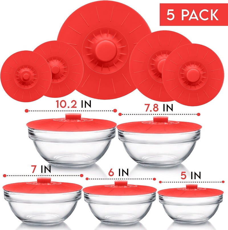 Karp Silicone Bowl Lids, Set of 5 Reusable Suction Seal Covers for Bowls, Cups & Containers | Food Safe, Heat Resistant, Interlocking Handles for Easy Use & Storage – Red (5.2", 6", 7.1", 7.9", 10.3") - Image 2