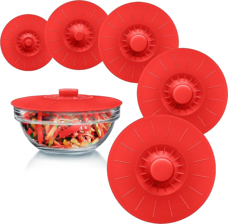 Karp Silicone Bowl Lids, Set of 5 Reusable Suction Seal Covers for Bowls, Cups & Containers | Food Safe, Heat Resistant, Interlocking Handles for Easy Use & Storage – Red (5.2", 6", 7.1", 7.9", 10.3") - Image 1