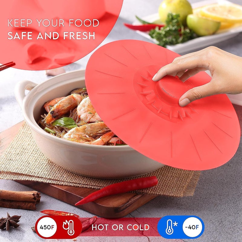 Karp Silicone Bowl Lids, Set of 5 Reusable Suction Seal Covers for Bowls, Cups & Containers | Food Safe, Heat Resistant, Interlocking Handles for Easy Use & Storage – Red (5.2", 6", 7.1", 7.9", 10.3") - Image 5