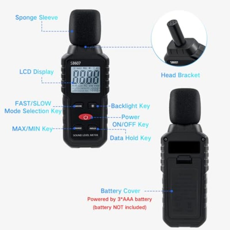 جهاز قياس ديسيبل Mcbazel، مقياس ديسيبل ضوضاء 30-130 ديسيبل مع شاشة LCD رقمية بإضاءة خلفية، مقياس صوت محمول للاستخدام الصناعي والمدرسي - Image 3