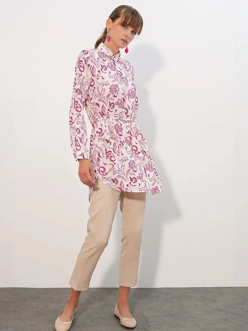BIG DART BDART Floral Viscose Crepe Belted Long Shirt