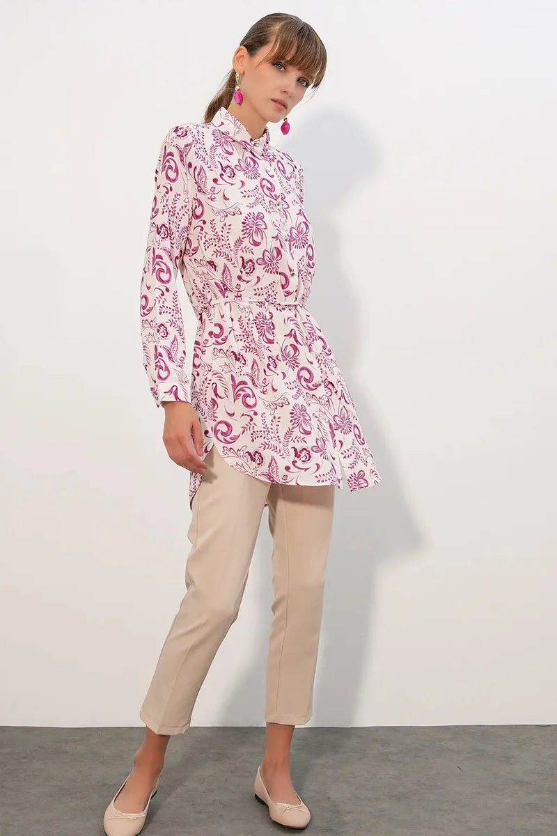بيغ دارت BDART Floral Viscose Crepe Belted Long Shirt