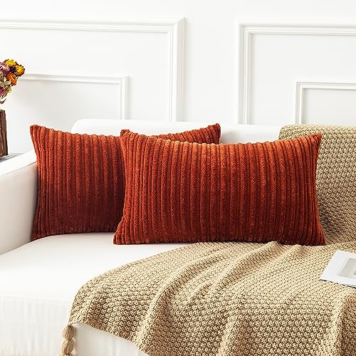 K KEVIN TEXTILE Kevin Textile Fall Lumbar Pillow Covers Solid Striped Velvet Corduroy Couch Chair Autumn Oblong Cushion Cover Throw Pillow for Baby Toddler Nap 12 x 20 2 Pack Burnt Brick