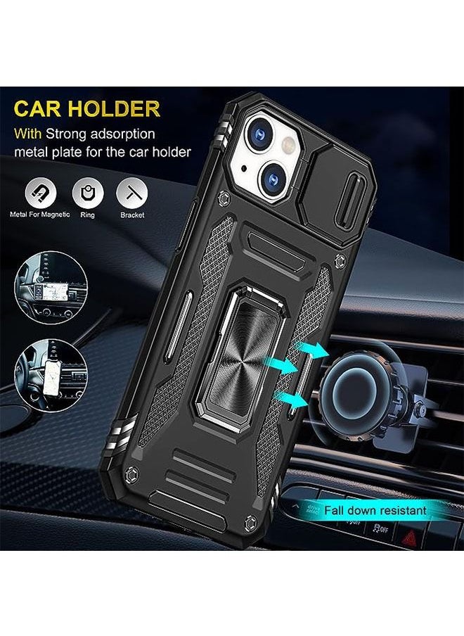 iPhone 15 Plus Case, Slide Camera Cover, Built-in 360° Rotate Ring Kickstand, Military Grade Shockproof Test, Heavy Duty Shockproof Protective Case for iPhone 15 Plus 6.7 Inch (Black)