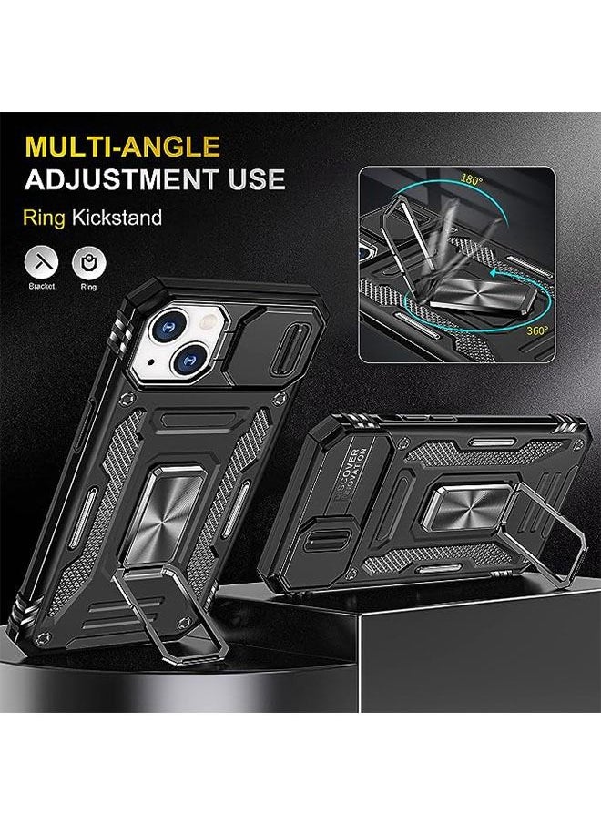 iPhone 15 Plus Case, Slide Camera Cover, Built-in 360° Rotate Ring Kickstand, Military Grade Shockproof Test, Heavy Duty Shockproof Protective Case for iPhone 15 Plus 6.7 Inch (Black)