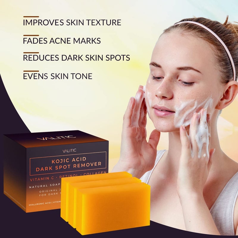 VALITIC Kojic Acid Dark Spot Remover Soap Bars with Vitamin C, Retinol, Collagen, Turmeric - Original Japanese Complex Infused with Hyaluronic Acid, Vitamin E, Shea Butter, Castile Olive Oil (3 Pack) - Image 4