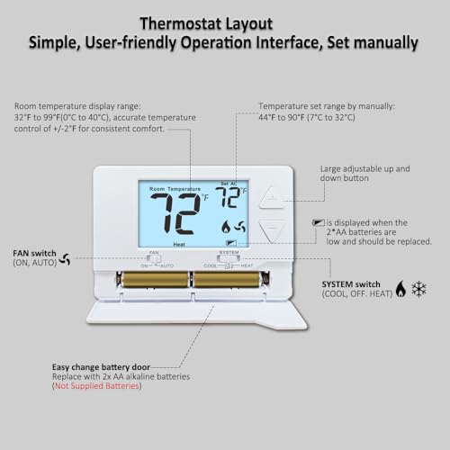 Miuputake Thermostat for Home Non-Programmable Single-Stage Systems,1 Heat / 1 Cool,Easy DIY,White Backlight - Image 4