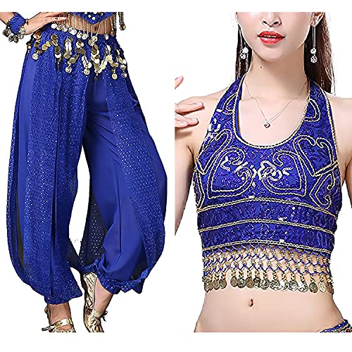 VRITRAZ Women's Chiffon Belly Dance Heart Design Chiffon Top, Harem Pants And Hip Scarf Ringy Fancy Pants (Blue) Costume Set for Girls & Women, Bollywood Stage Wear - Image 1