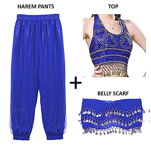 VRITRAZ Women's Chiffon Belly Dance Heart Design Chiffon Top, Harem Pants And Hip Scarf Ringy Fancy Pants (Blue) Costume Set for Girls & Women, Bollywood Stage Wear - Image 2
