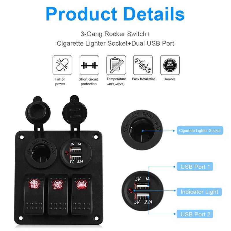 Wivplex 3 Gang Waterproof Rocker Switch Panel with Dual Charger - Image 3