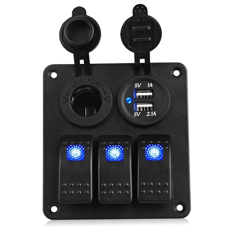 Wivplex 3 Gang Waterproof Rocker Switch Panel with Dual Charger - Image 1