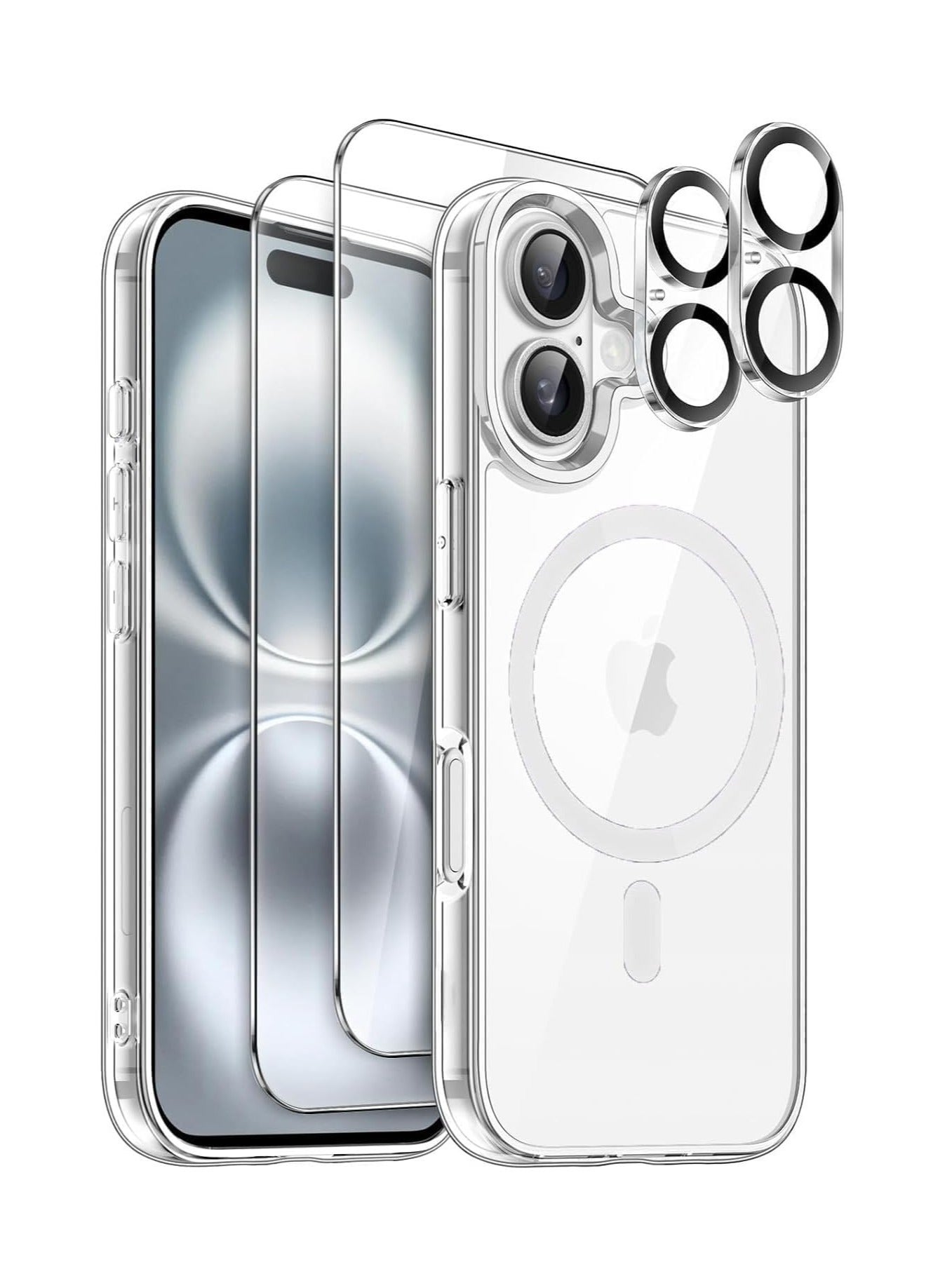 Package 3 in 1 For iPhone 16, Case with Screen Protector & Lens Protector, Compatible with Magsafe, High-Grade Protection & Anti-Yellowing, Magnetic Case for iPhone 16, Transparent