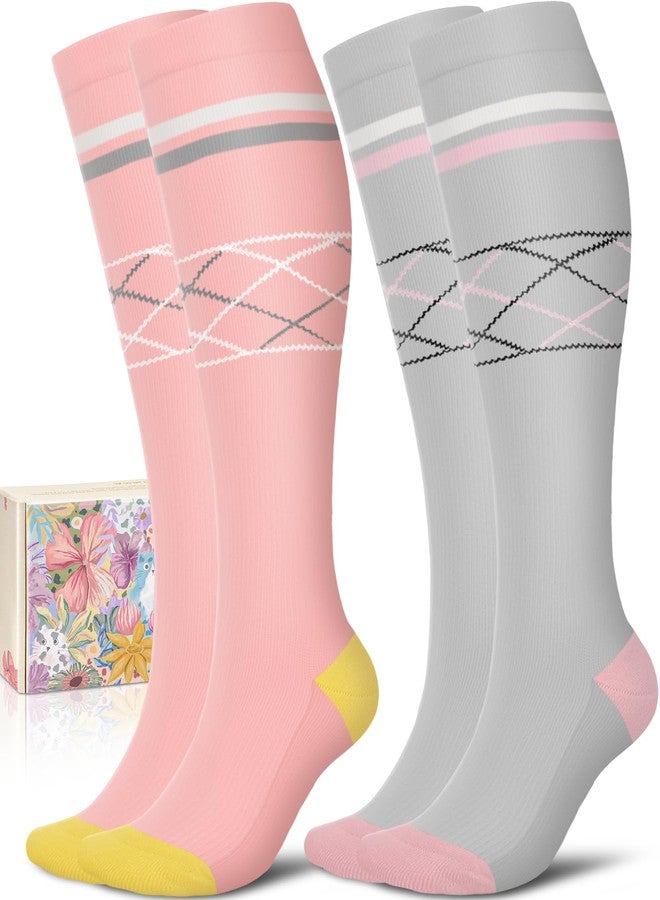 CTHH Cotton Compression Socks for Women Men 20-30mmHg Knee High Support Socks Circulation for Running Travel Nurses Pregnancy Fashion Presents for Home Office Long Standing Daily Walking, Pastel Argyle - Image 1