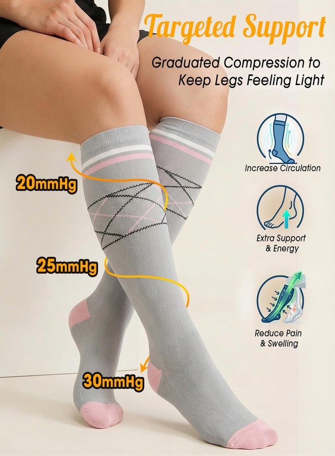 CTHH Cotton Compression Socks for Women Men 20-30mmHg Knee High Support Socks Circulation for Running Travel Nurses Pregnancy Fashion Presents for Home Office Long Standing Daily Walking, Pastel Argyle - Image 3