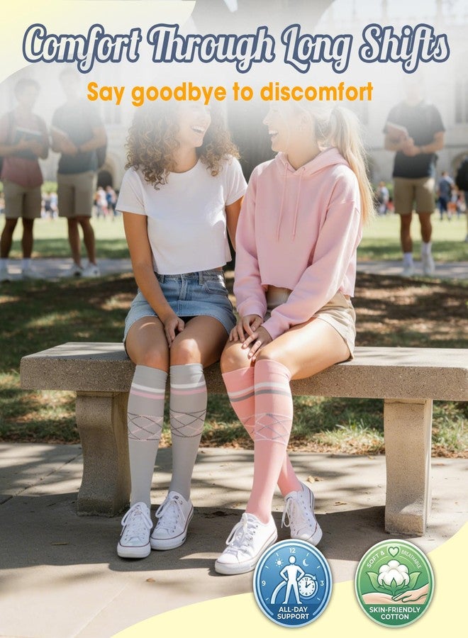 CTHH Cotton Compression Socks for Women Men 20-30mmHg Knee High Support Socks Circulation for Running Travel Nurses Pregnancy Fashion Presents for Home Office Long Standing Daily Walking, Pastel Argyle - Image 4