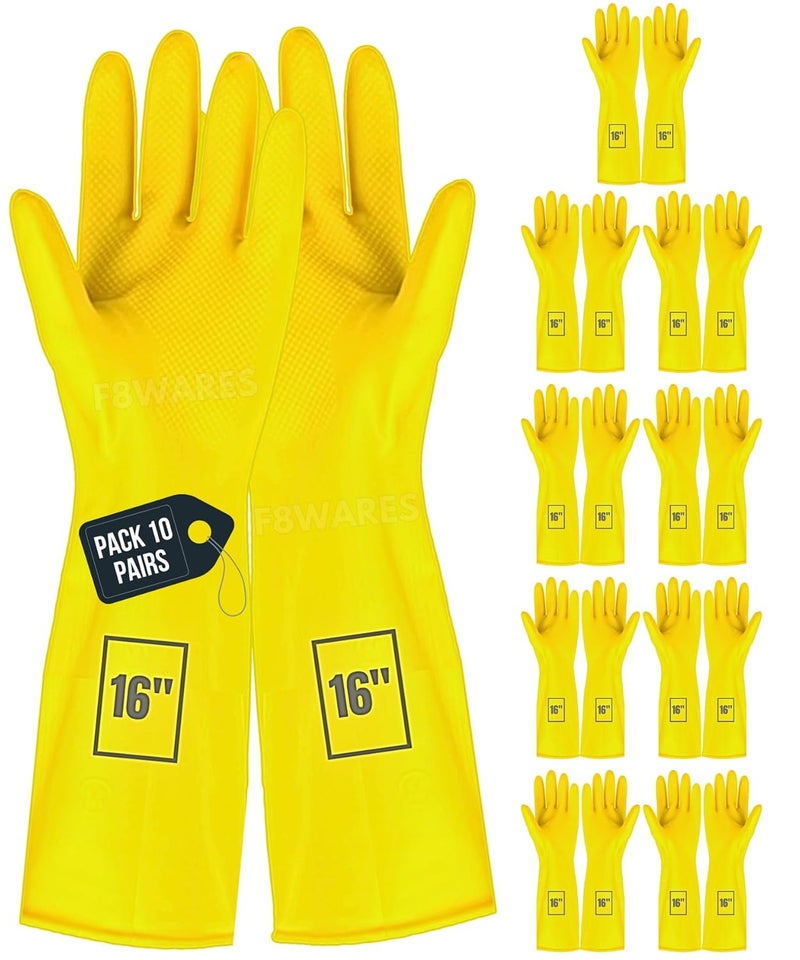 قفازات F8WARES 10 أزواج بطول 16 بوصة قفازات مطاطية للتنظيف قفازات لغسل الأواني قفازات البستنة قفازات غسل الصحون قفازات المطبخ لغسل الصحون الصناعية الحمام المرحاض