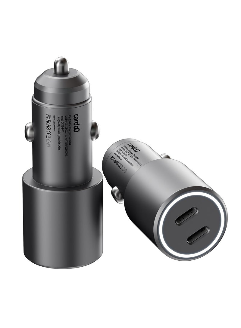 cardoo شاحن سيارة كاردو توين 60 واط مزدوج USB-C شحن سريع محول سيارة عالي الطاقة لأجهزة اللابتوب والهواتف والأجهزة اللوحية فضي - Image 1