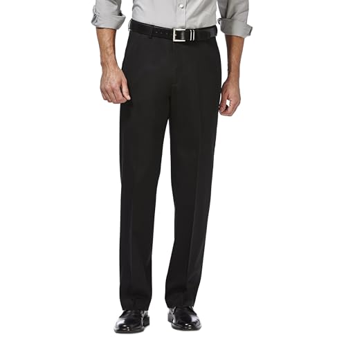 Haggar mens Premium No Iron Khaki Classic Fit Expandable Waist Flat Front dress pants, Black, 42W x 30L US - Image 1