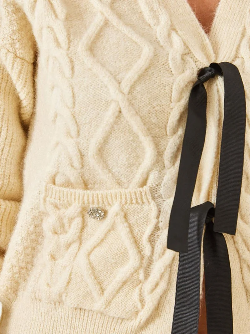 Bianco Lucci LUCCI Textured V-Neck Cropped Cardigan with Pompom