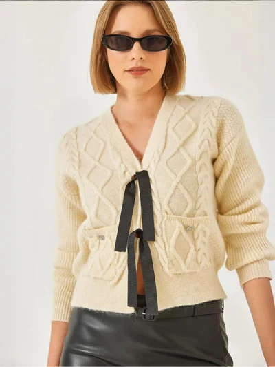 Bianco Lucci LUCCI Textured V-Neck Cropped Cardigan with Pompom