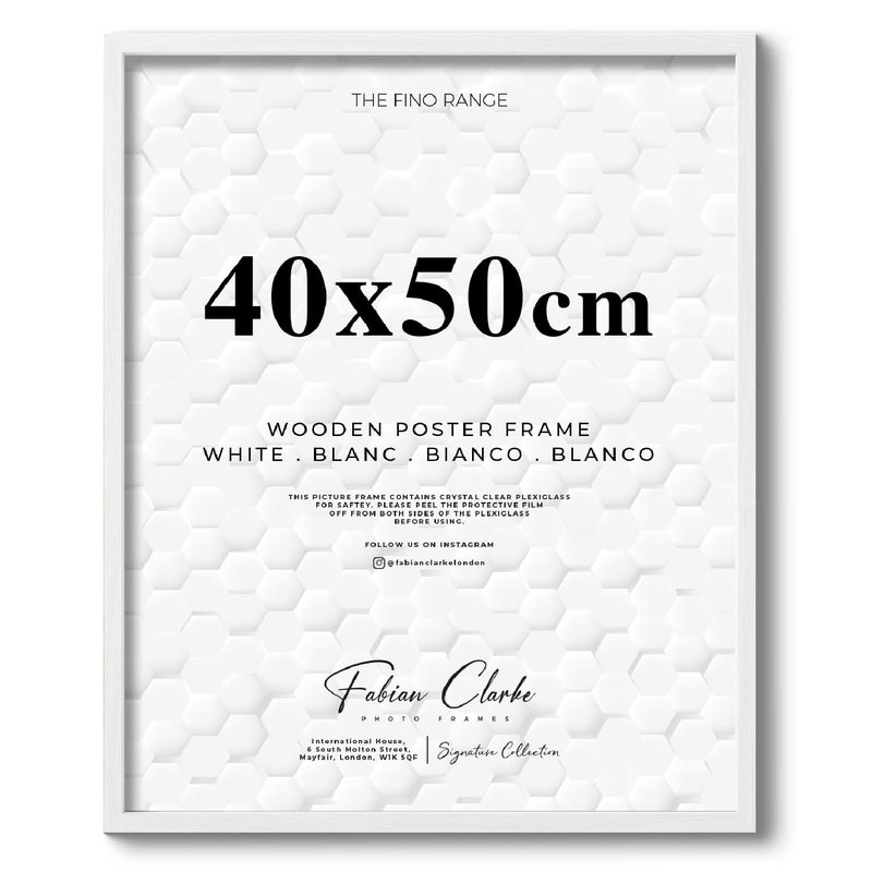 Thin Wooden Picture Frame for Posters Poster Prints and Photos with Plexiglass Front For Safety Hang on the Wall in Portrait or Landscape Ideal for Interior Design 40x50cm White