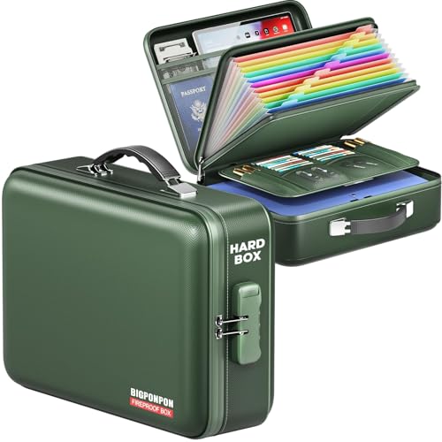 BigPonPon Fireproof Document Box, Hard Case Highly Flame-Resistant Fire Proof Waterproof File Organizer with Lock, Portable Fire Safe for Important Documents & Valuables Storage (Green, ‎15"*11"*5") - Image 1